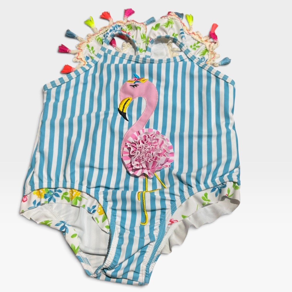 Flamingo One Piece Swimsuit Kids Size 140 10/12 Blue White Striped Tassels